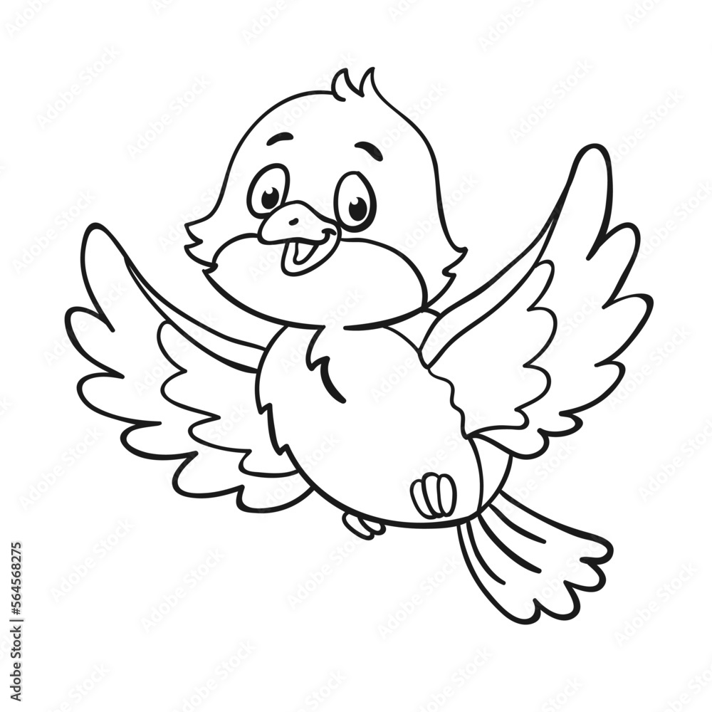 Fototapeta premium Little funny bird is flying. In cartoon style. Picture in a black outline. For coloring book. Isolated on white background. Vector illustration. 
