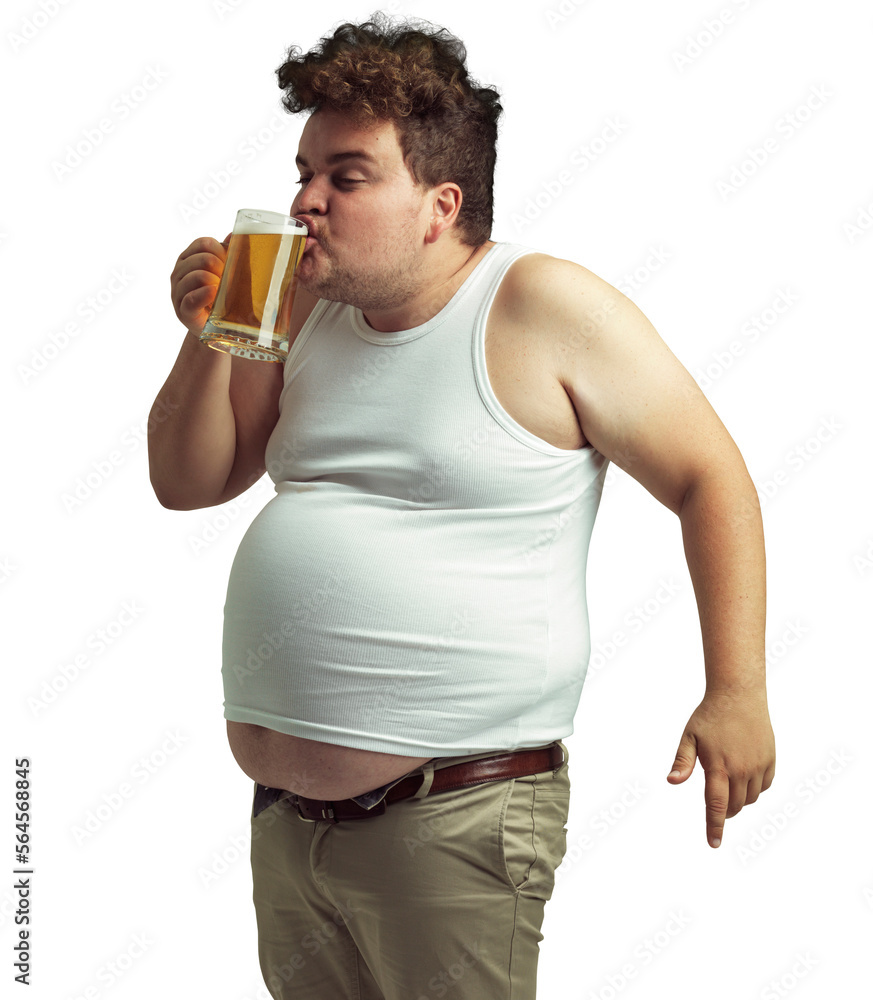 An overweight man drinking a beer isolated on a PNG background. An overweight man drinking a beer isolated on a PNG background.