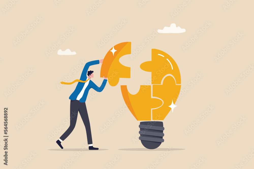 Problem solver, get solution to overcome difficulty, idea, creativity or innovation to fix problem or trouble concept, smart businessman solving lightbulb idea puzzle by connecting last jigsaw piece. - obrazy, fototapety, plakaty 