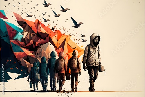 People and birds migrating away from their home due to disruption in their normal livelihood