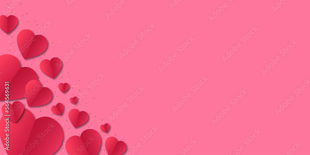 Valentine day background. Paper cut decorations for Valentine's day. Red heart golden confetti isolated.