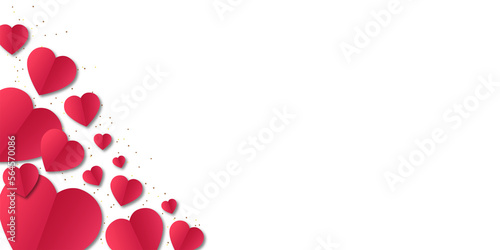 Red hearts with golden confetti isolated on transparent background. Valentine's day blank background.