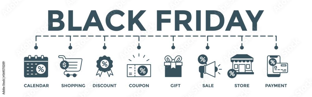 Black Friday banner. Editable vector illustration with calendar, shopping, discount, coupon, gift, sale, store, payment icons Black Friday banner. Editable vector illustration with calendar, shopping, discount, coupon, gift, sale, store, payment icons