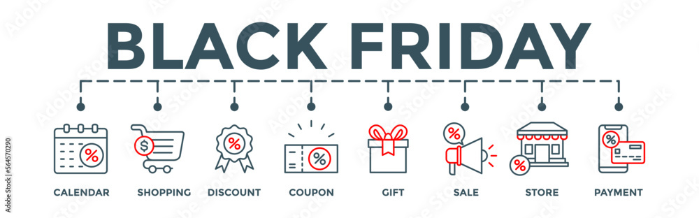 Black Friday banner. Editable vector illustration with calendar, shopping, discount, coupon, gift, sale, store, payment icons Black Friday banner. Editable vector illustration with calendar, shopping, discount, coupon, gift, sale, store, payment icons