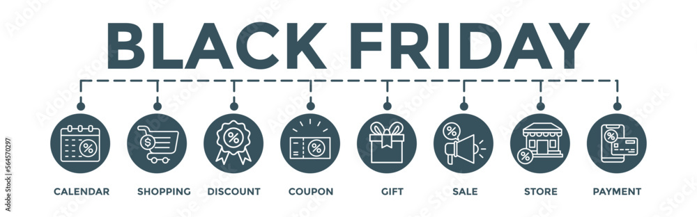 Black Friday banner. Editable vector illustration with calendar, shopping, discount, coupon, gift, sale, store, payment icons Black Friday banner. Editable vector illustration with calendar, shopping, discount, coupon, gift, sale, store, payment icons