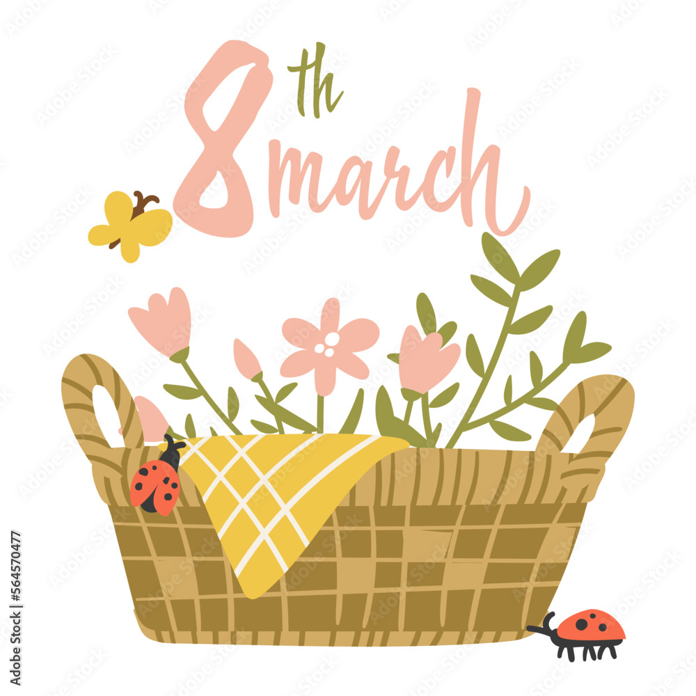 Inscription and illustration for March 8 basket with flowers. Women's Day. Calligraphy-style inscriptions in English. Template for posters, postcards, banners, stickers. International Women's Day. Inscription and illustration for March 8 basket with flowers. Women's Day. Calligraphy-style inscriptions in English. Template for posters, postcards, banners, stickers. International Women's Day.