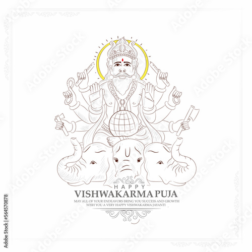 Hand drawn Sketch of hindu god {divine engineer of universe}vishwakarma for celebration of vishwakarma puja with abstract background.
 photo