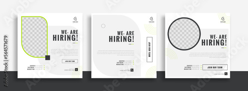 We are hiring job vacancy social media post banner design template with green and black color. We are hiring job vacancy square web banner design.