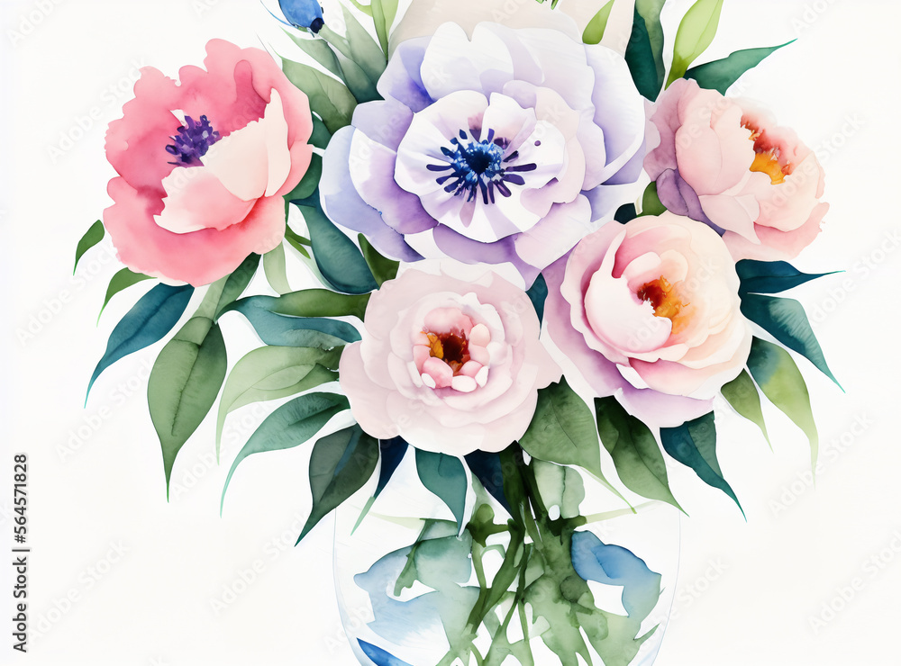 Watercolor bouquet of roses and peones in a glass vase. Generative Ai