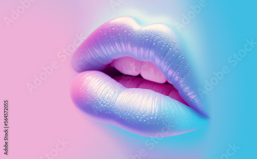 Glossy lips close up. Pink and blue pastel colors. Generative Ai photo