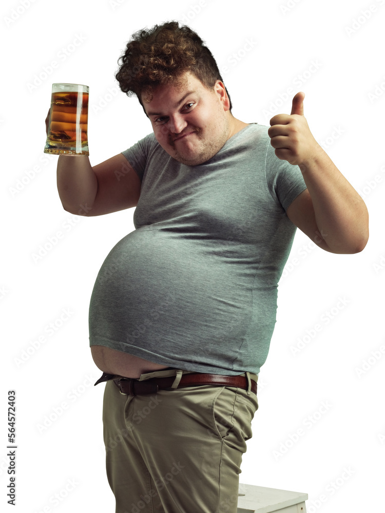 A beer drinking overweight man giving a thumbs up isolated on a PNG background. A beer drinking overweight man giving a thumbs up isolated on a PNG background.