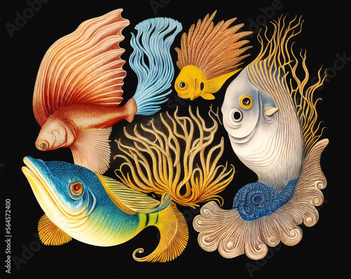 Vintage sea, ocean life poster, collection of fishes from the 19th century. Retro marine biology poster. Generative Ai