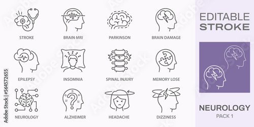Neurology icons, such as alzheimer, parkinson, insomnia, headache and more. Editable stroke.