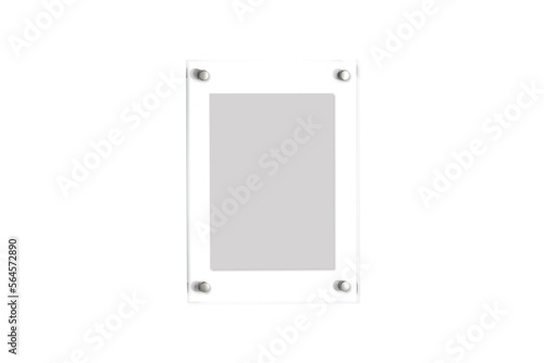 Realistic vertical glass sign on a white wall with shadow. Mock up. White matte signage board, nameplate. 3d rendering.