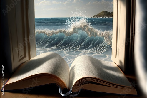 An open book leading the ocean and new adventures ideal for literary backgrounds hyperrealism