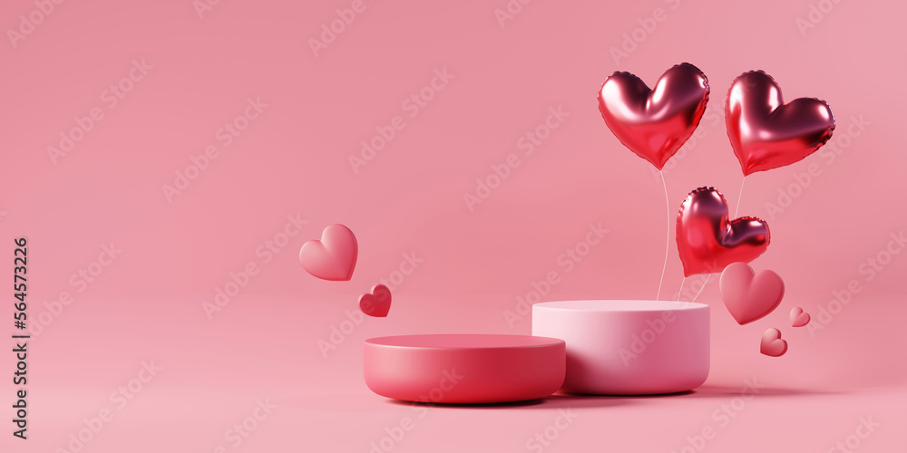 Valentine's day stage podium mock up with heart product display showcase 3d rendering