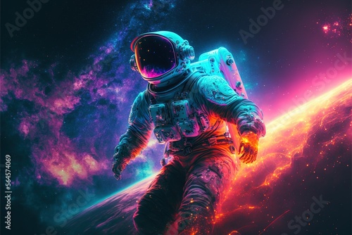 Astronaut Surfing in the nebula sky wave and stars with neon light effects. Astronaut surfing in the galaxy. astronaut. high-definition colorful galaxy. universe. galaxy. Generative AI © Chexy139