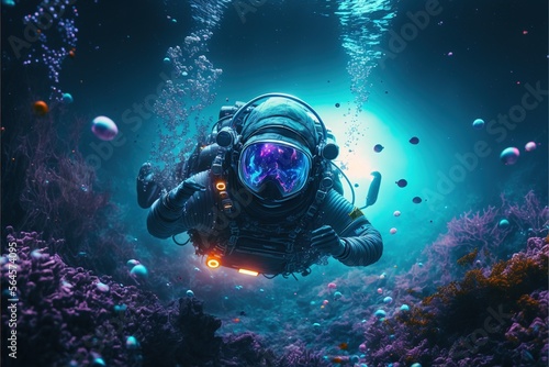 Astronaut swimming in the nebula water and stars with neon light effects. Astronaut in the water. astronaut. high-definition water life. Underwater life Generative AI