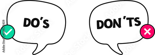 Do and don't or good and bad icons. Positive and negative symbols. Do's and dont's speech bubble. Flat illustration