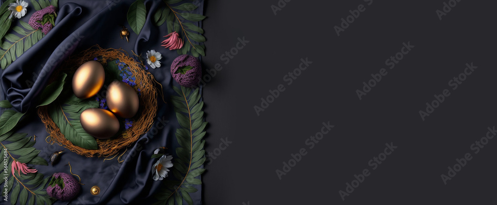 Beautiful Golden Easter Eggs lying on a dark Silk Fabric with Flowers and Branches. Space for Custom Text. Digital Art Illustration.