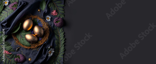 Beautiful Golden Easter Eggs lying on a dark Silk Fabric with Flowers and Branches. Space for Custom Text. Digital Art Illustration.