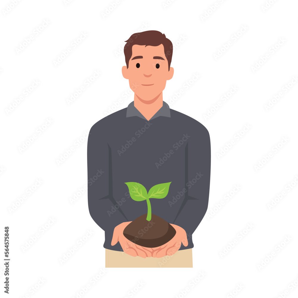 Young man holding a green sprout with handful of soil. Eco, green, environment friendly. Flat vector illustration isolated on white background Young man holding a green sprout with handful of soil. Eco, green, environment friendly. Flat vector illustration isolated on white background