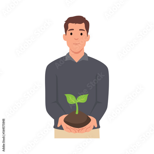 Young man holding a green sprout with handful of soil. Eco, green, environment friendly. Flat vector illustration isolated on white background