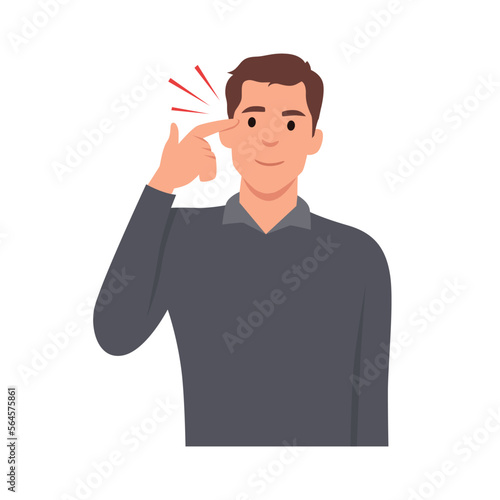Young man touching his temples and remembering something. Man holding finger on head and feeling tired exhausted. Flat vector illustration isolated on white background