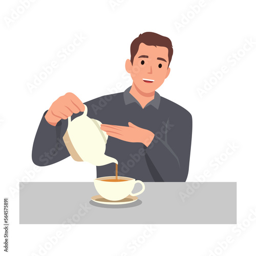 Young man pouring tea in cup from kettle. Smiling guy enjoy warm coffee. Flat vector illustration isolated on white background