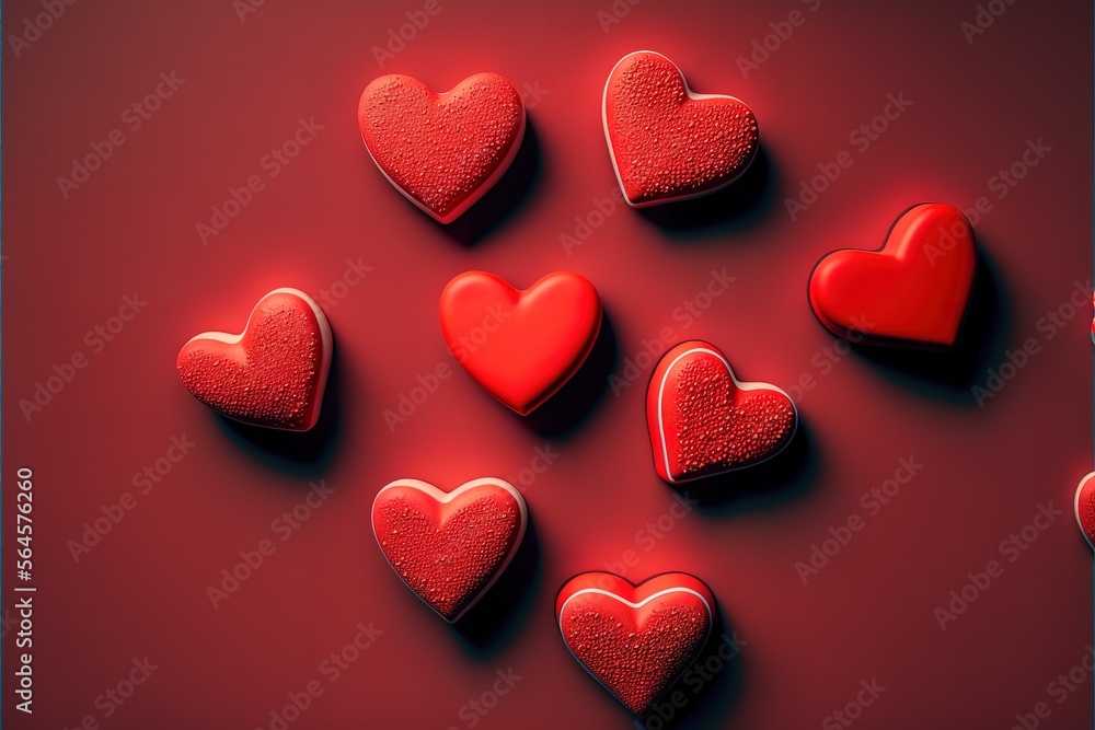 Valentine's day or Wedding romantic concept. Red hearts on red background.Top view, flat lay, copy space