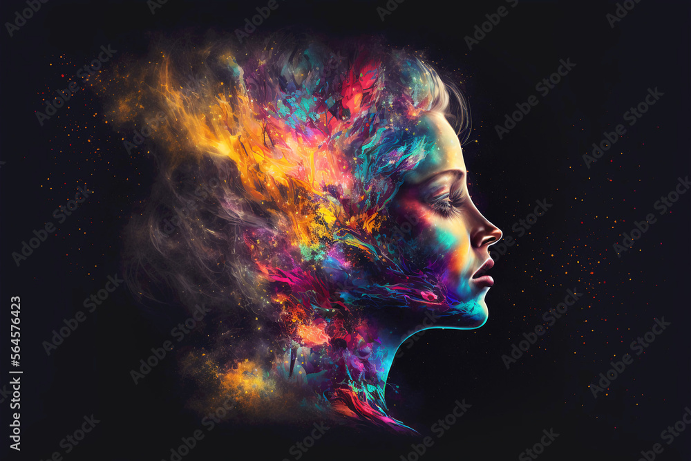 Abstract portrait of a beautiful woman with a colorful digital paint splash. Generative ai.
