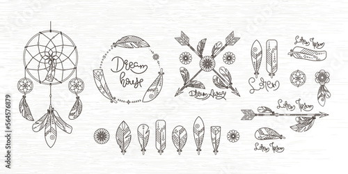 Set of beautiful boho elements. Arrow, dreamcatcher, feathers and flowers