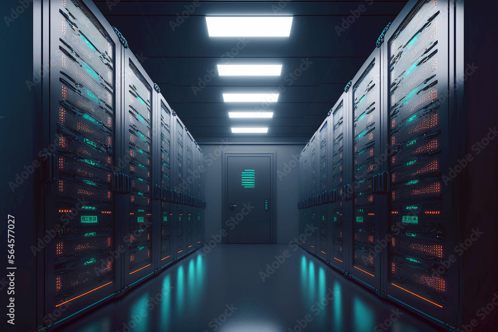Servers data center room with computers and storage systems. Generative ai. Servers data center room with computers and storage systems. Generative ai.