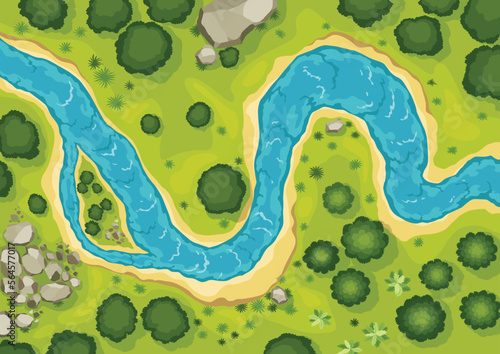 Top view river landscape. Summer beautiful valley, scenic picturesque natural stream. River with trees on shore. Landscape with winding river. Vector illustration