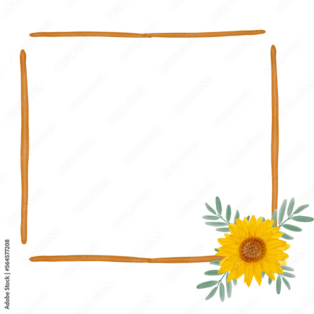 Obraz premium Watercolor sunflower frame. Yellow flowers garden farmhouse border. Hand drawn watercolor illustration isolated. Autumn flowers Thanksgiving fall