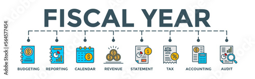 Fiscal banner. Editable vector illustration concept with budgeting, reporting, calendar, revenue, statement, tax, accounting, audit icons.