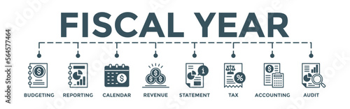 Fiscal banner. Editable vector illustration concept with budgeting, reporting, calendar, revenue, statement, tax, accounting, audit icons.