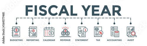 Fiscal banner. Editable vector illustration concept with budgeting, reporting, calendar, revenue, statement, tax, accounting, audit icons.
