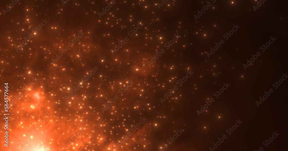 Abstract orange fiery flame bonfire of particles and sparks glowing beautiful magical on a dark background. Abstract background