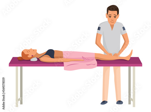 Massage therapist at work. Patient lying on couch, enjoying body relaxing treatment. Physiotherapist practicing massage, isolated cartoon characters. Flat vector illustration