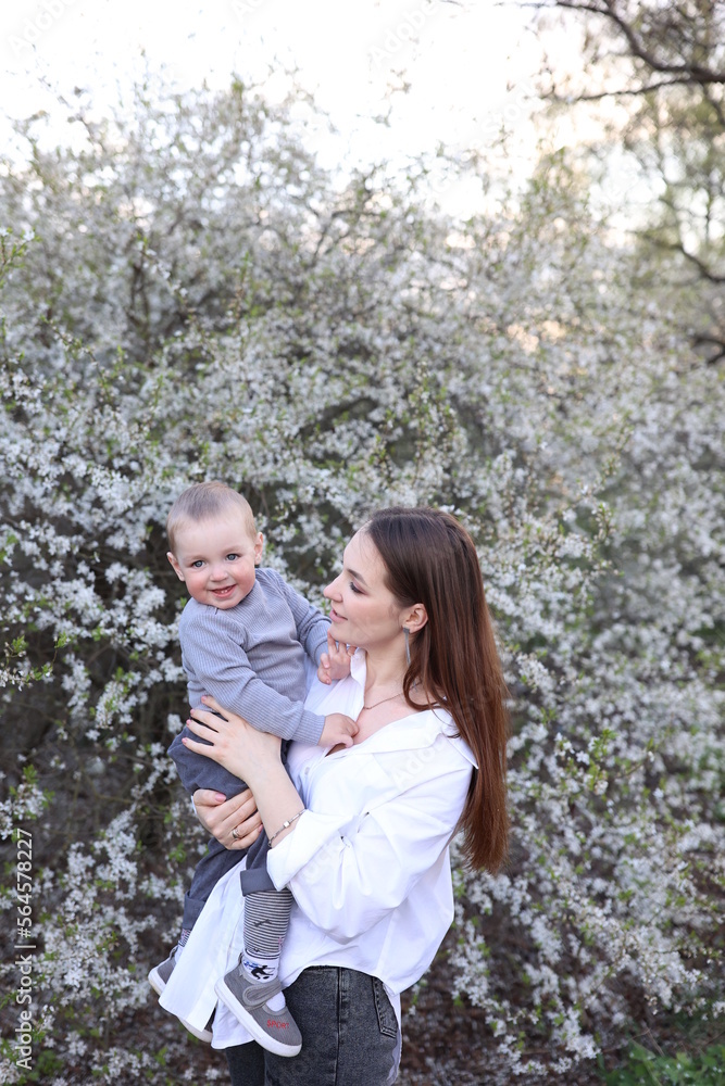 mother hugs her little son in spring near a blooming tree. Spring and plum blossom. Mother's Day. The love of a son and a mother. Gray clothes for a one-year-old boy. Kiss the son. child's laughter mother hugs her little son in spring near a blooming tree. Spring and plum blossom. Mother's Day. The love of a son and a mother. Gray clothes for a one-year-old boy. Kiss the son. child's laughter