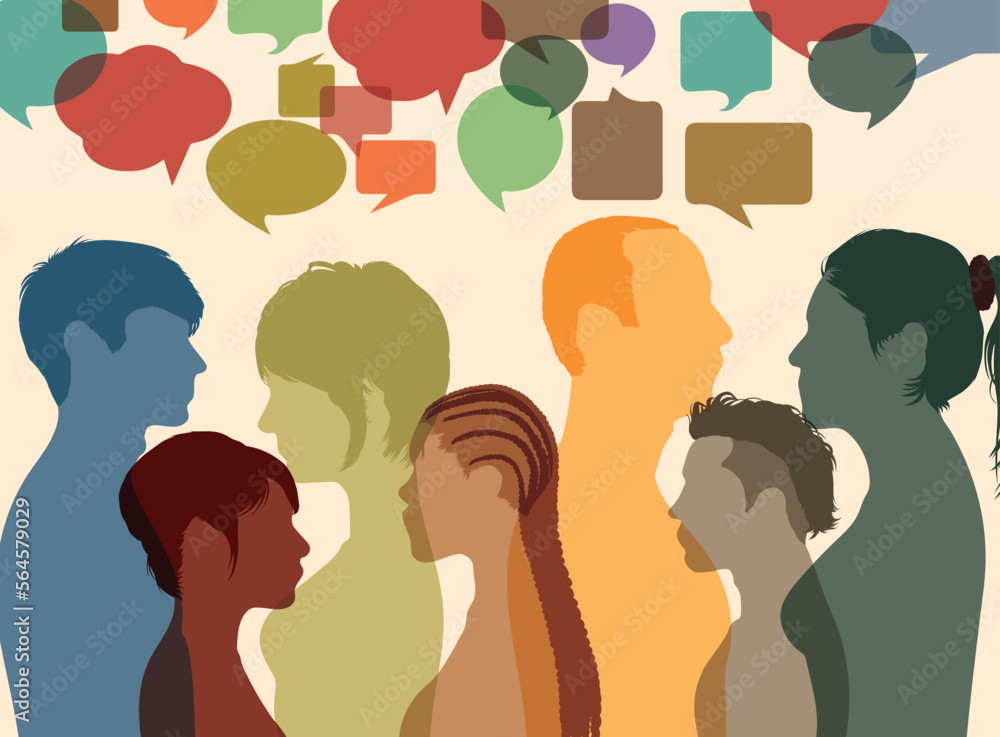 Communication between people in a crowd. Interviews. Vector Illustration. Diverse people from different cultures dialogue together.