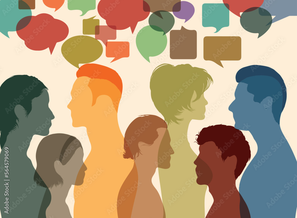 Communicate with your community. People from different ethnicities talking and communicating in a profile. Utilize social networks for communication and sharing of information. Vector Illustration