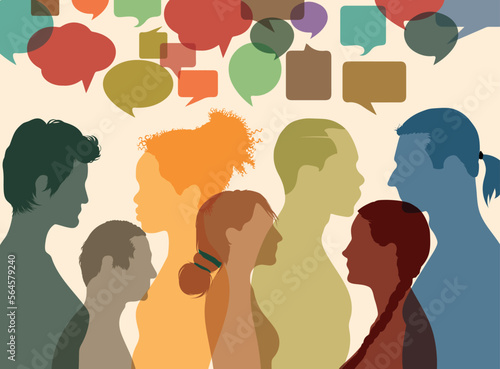 Communication through networking and speech bubbles. Networking and dialogue with multiethnic populations. Talking group of isolated people of various colours. Vector Illustration