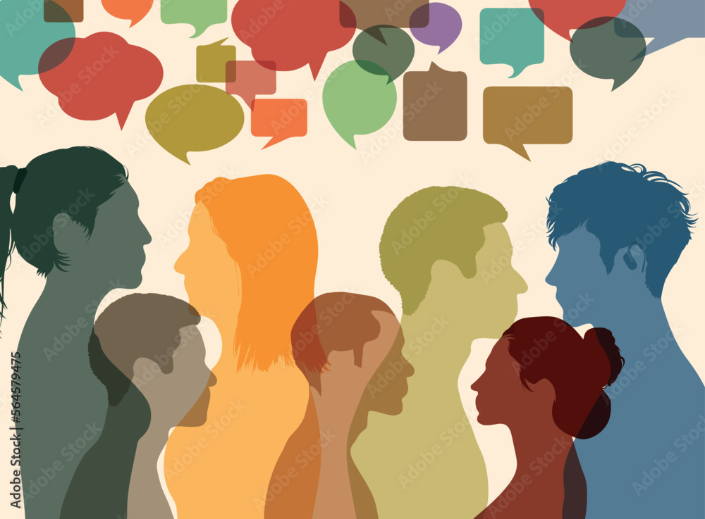 Multiethnic and multicultural people talking and dialoguing in a crowd. People share ideas and communicate with each other. Vector Illustration	