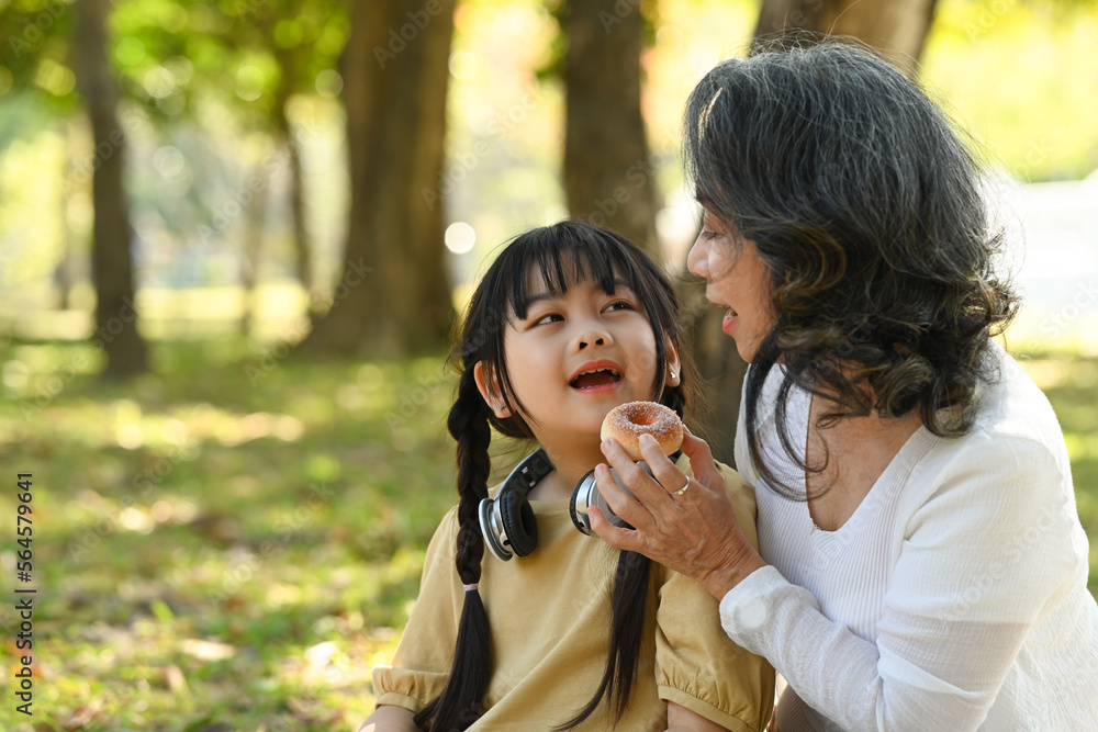 Smiling middle aged grandma and little preschooler child relaxing int he park. concept. Family, generation and people concept.