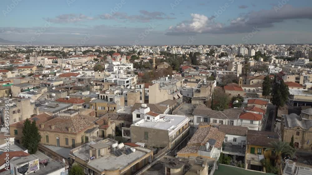 Establishing shot of the old town of Nicosia, the divided capital of Cyprus in Southeast Europe
