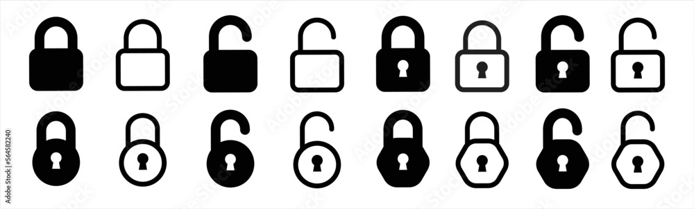 Locks icons set. Locked and unlocked vector icon set. Lock icon sign and symbol. Padlock symbol. Privacy symbol. Vector illustration. Locks icons set. Locked and unlocked vector icon set. Lock icon sign and symbol. Padlock symbol. Privacy symbol. Vector illustration.