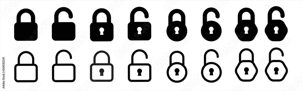 Locks icons set. Locked and unlocked vector icon set. Lock icon sign and symbol. Padlock symbol. Privacy symbol. Vector illustration. Locks icons set. Locked and unlocked vector icon set. Lock icon sign and symbol. Padlock symbol. Privacy symbol. Vector illustration.