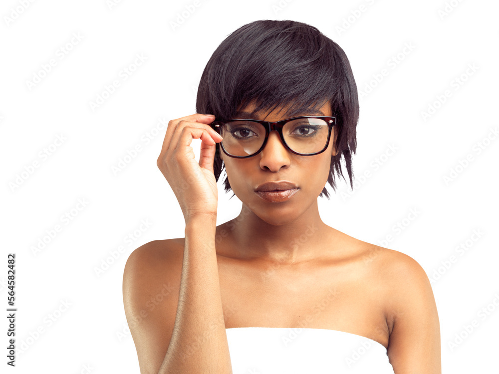 A beautiful african woman loooking seriously through her spectacles isolated on a PNG background.